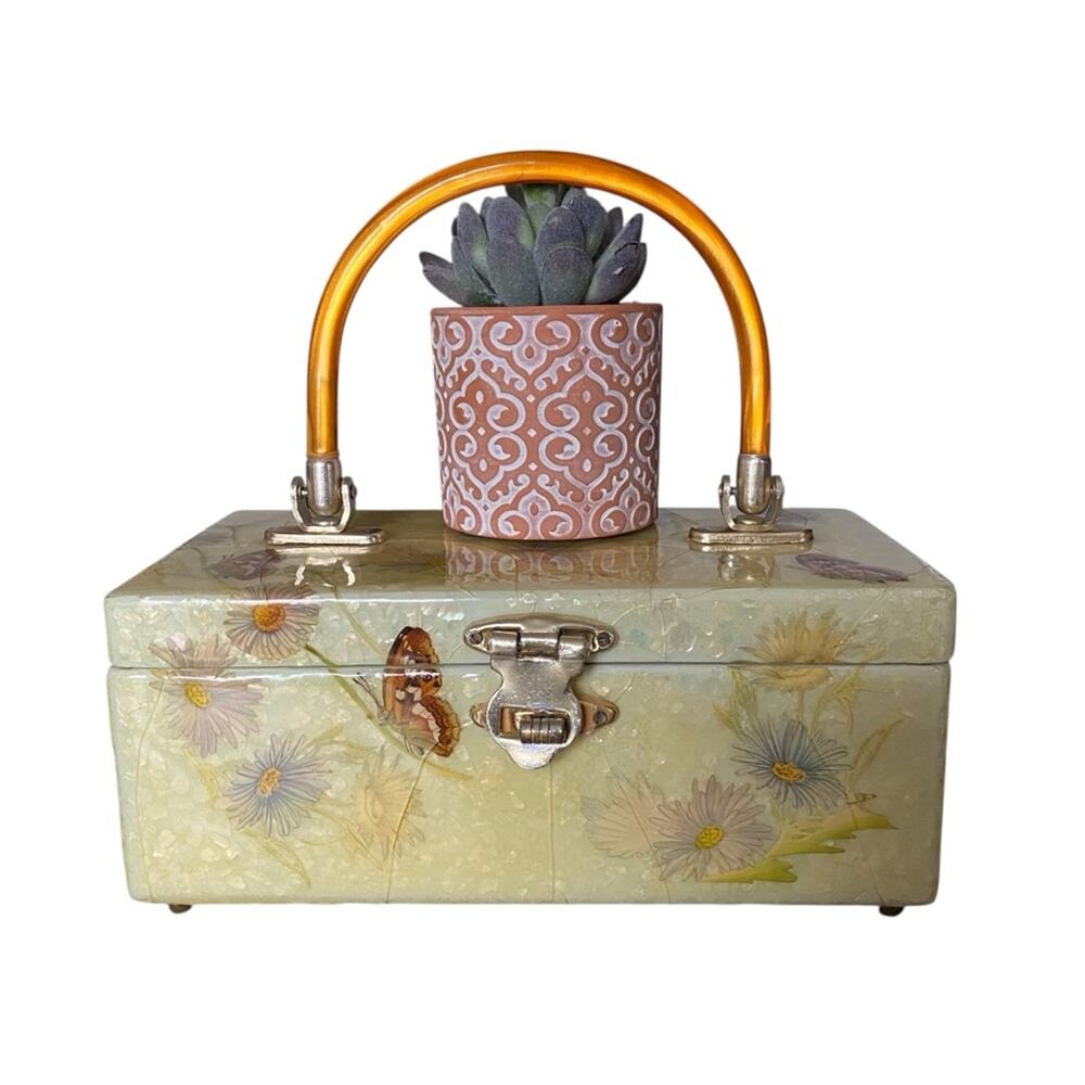 Vintage Yellow Butterfly Purse Box Orange Lucite Handle